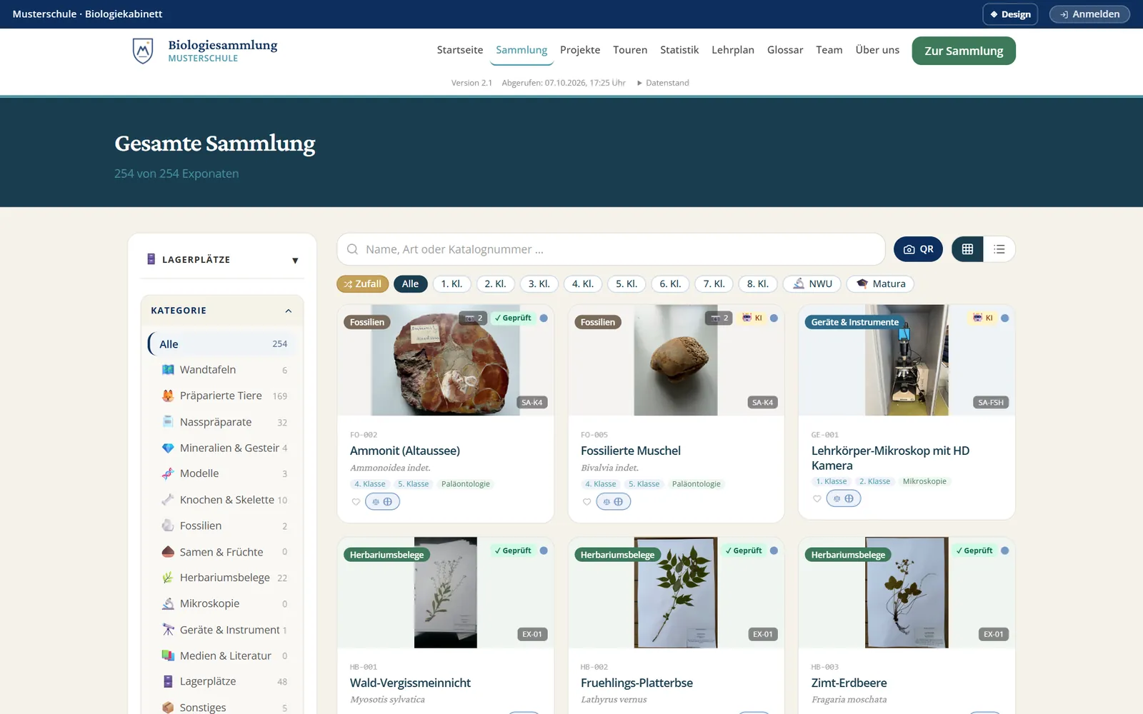Gesamte Sammlung mit Kategorien, Lagerplätzen, Schulstufen und Suche
