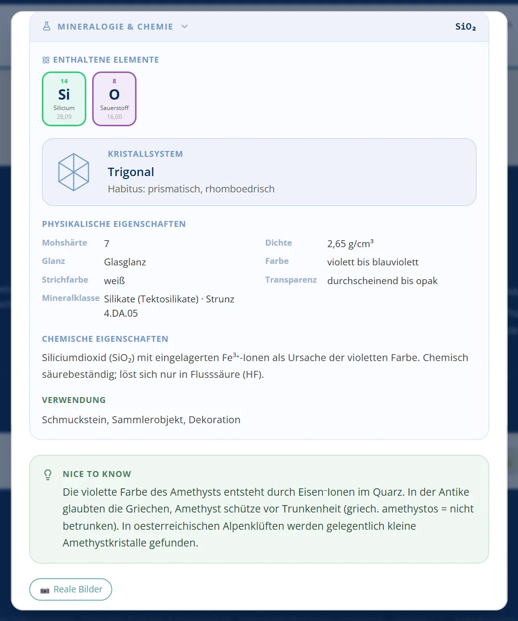 Amethyst: Elemente Silicium und Sauerstoff, trigonales Kristallsystem