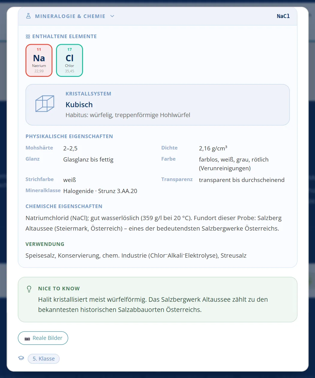 Steinsalz (Halit): Elemente Natrium und Chlor, kubisches Kristallsystem, physikalische Eigenschaften