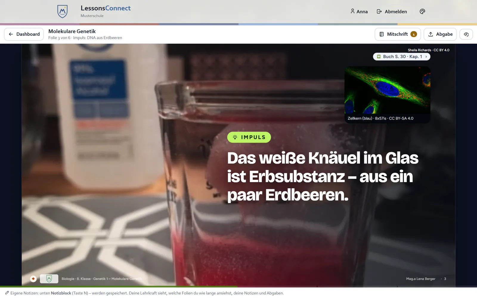 Biologie-Folie: Das weiße Knäuel im Glas ist Erbsubstanz