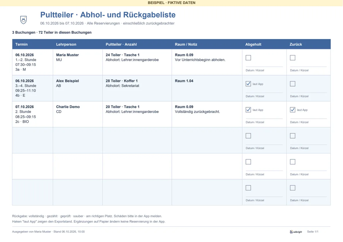 Pultteiler: Abhol- und Rückgabeliste zum Abhaken