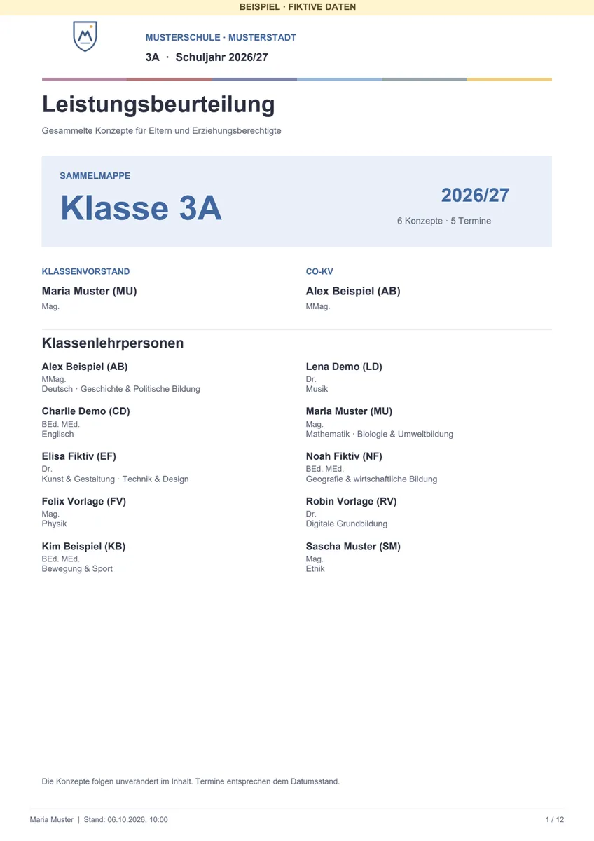 LBK-Mappe: Deckblatt mit Klassenvorstand und Lehrpersonen