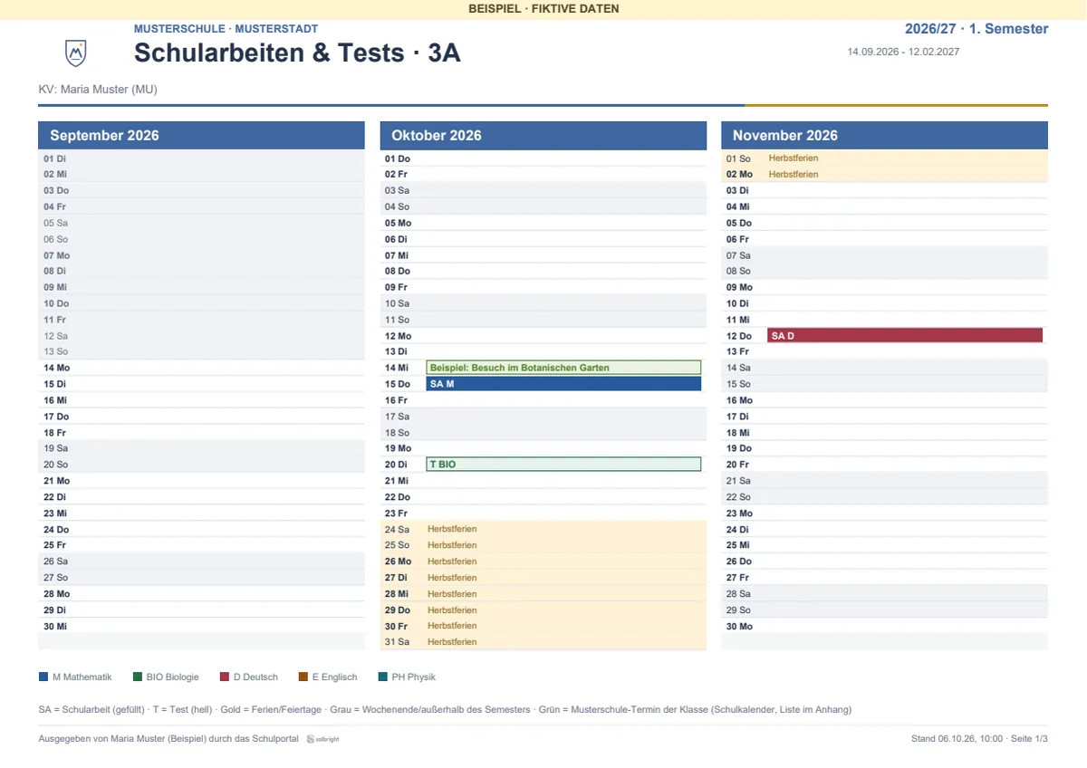 Semesterkalender Schularbeiten und Tests einer Klasse