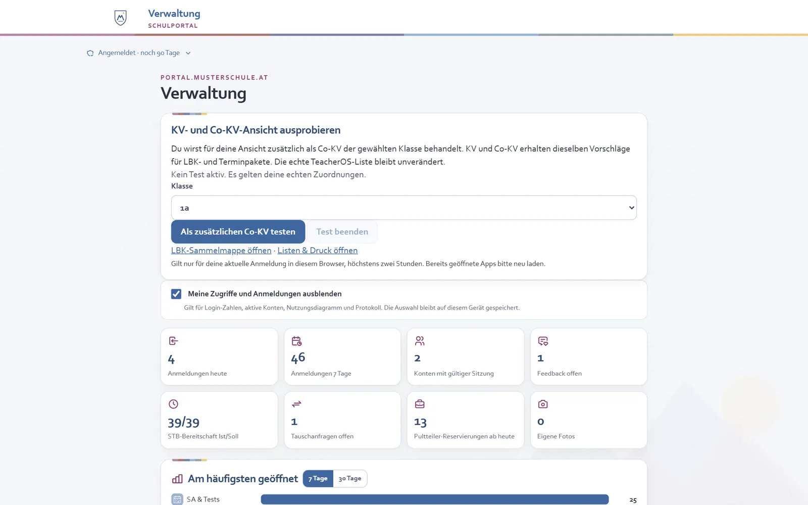 Verwaltung mit Anmeldungen, Funktionen, Rückmeldungen und Nutzung