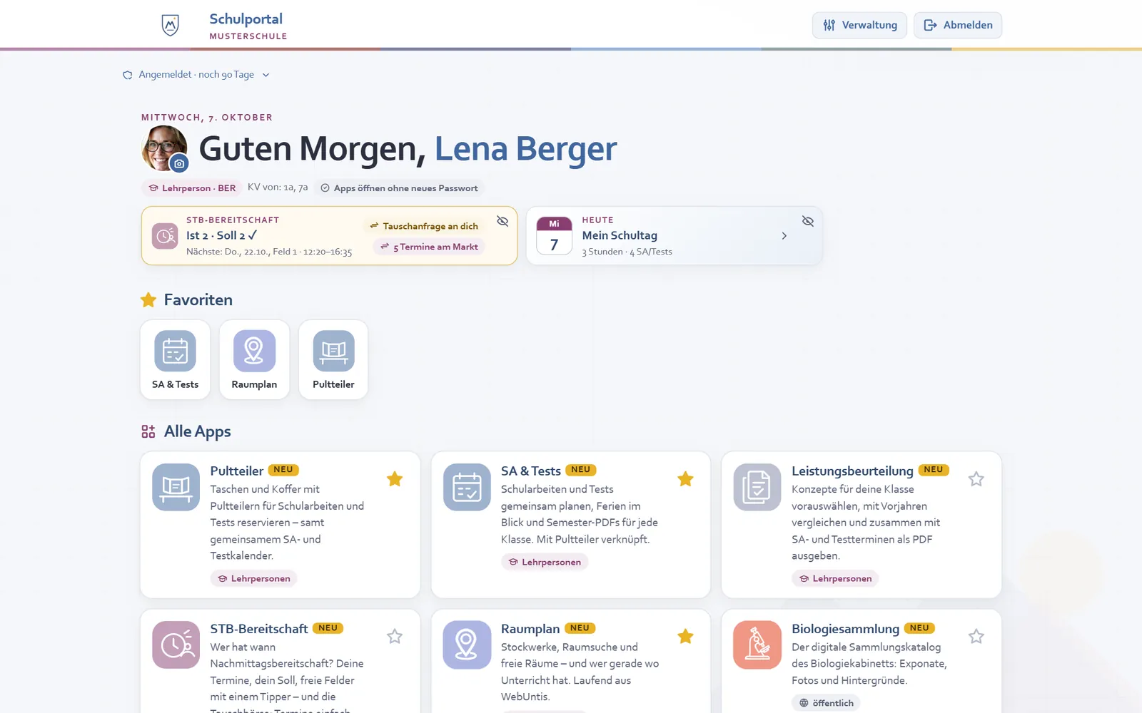 Startseite des Schulportals: Begrüßung, STB-Bereitschaft, Mein Schultag, Favoriten und alle Apps