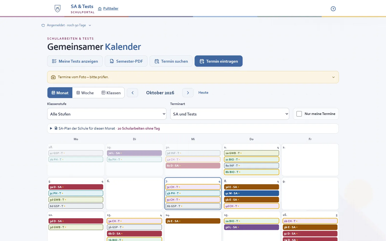 Gemeinsamer Kalender mit Schularbeiten und Tests im Monat, Filtern und SA-Plan der Schule
